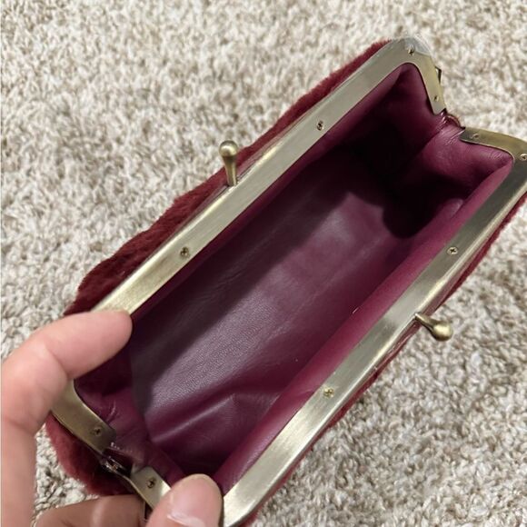 Burgundy Real Shearling Leather Kisslock Clutch/Cosmetic Case/Phone Case